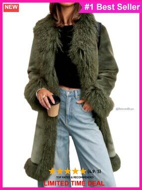 Faux Fur Trim Coat Fuzzy Lapel Winter Jacket Warm Loose Fit